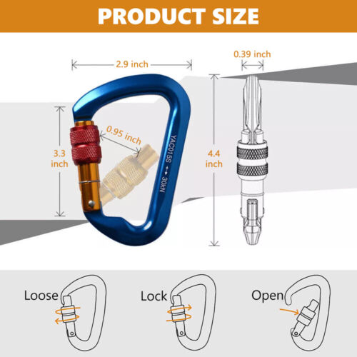 30KN Heavy Duty Aluminum Locking Carabiner D-Ring Clip Hook for Climbing Caving - Picture 2 of 14