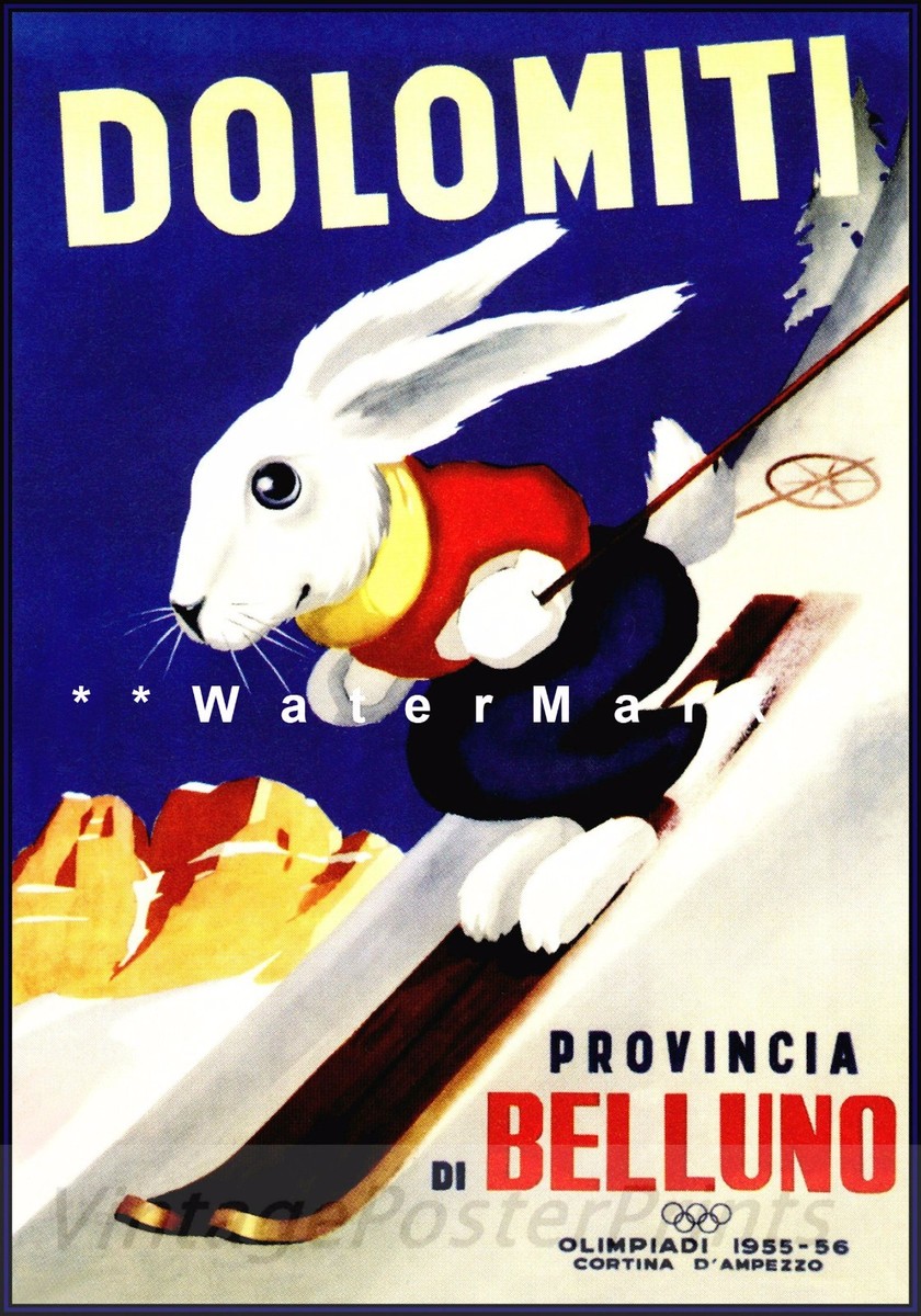 Dolomiti 1956 Italy Skiing Bunny Vintage Poster Print Winter