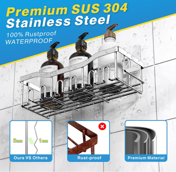 Shower Caddy 5-Pack, Adhesive Organizer, Rustproof Stainless Steel, No Drilling