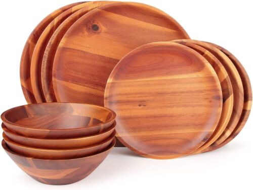 Unique Glossy Finish Acacia Wood Dinnerware Set for 4 - Handcrafted Quality