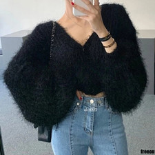 Women Cropped Top Fluffy Knitted Sweater Cardigan Coat Deep V-neck Button Casual