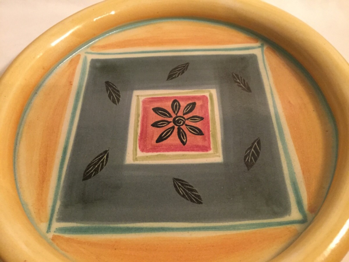 Clay Art Round Serving Dish Beautiful Designed 9” Diameter Yellow, Turquoise