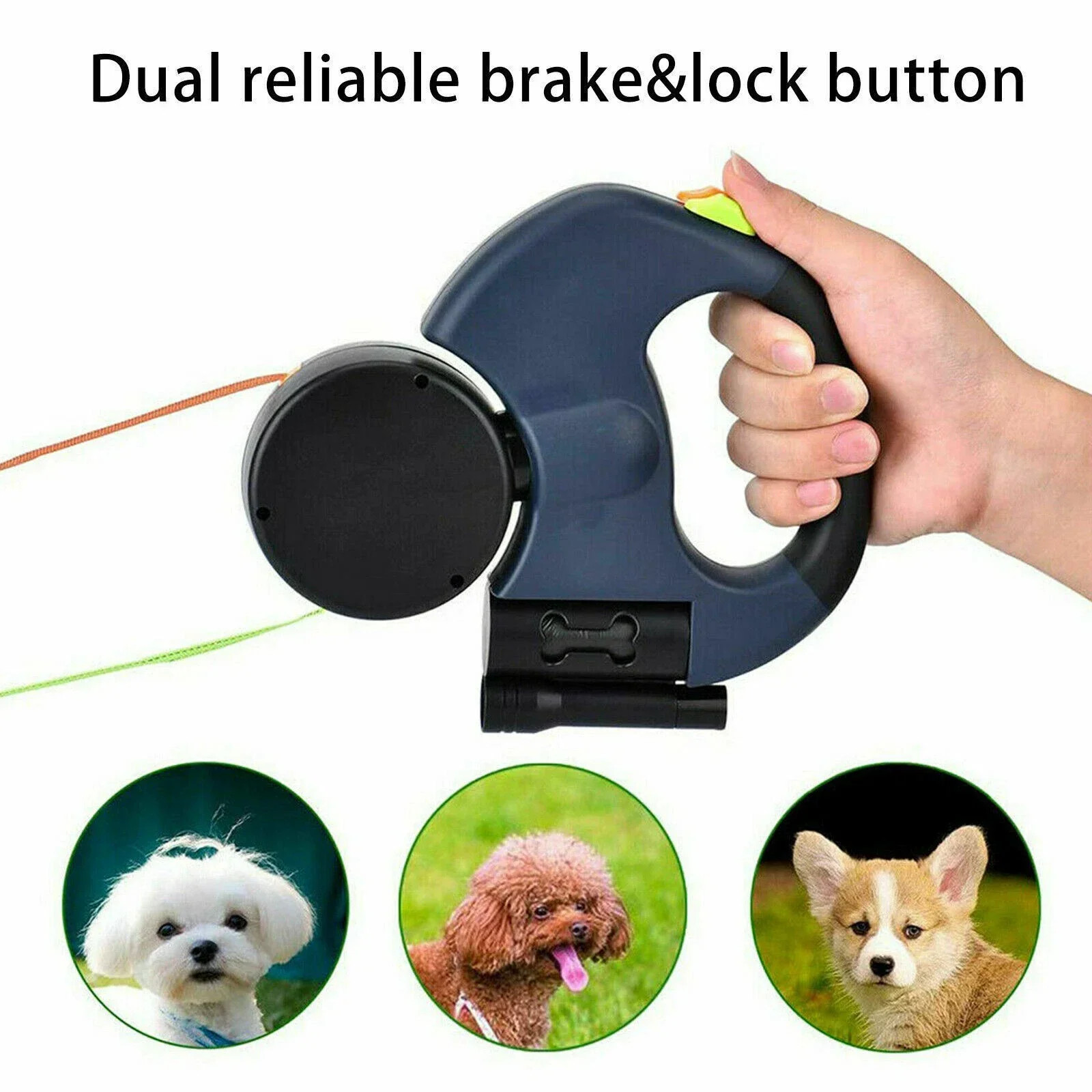 Laisse rétractable double 2 chiens anti-enchevêtrement avec lampe torche LED et freins séparés