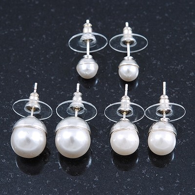 3 Pairs Of White Faux Glass Pearl Stud Earrings (10mm, 8mm, 6mm) In Silver Tone