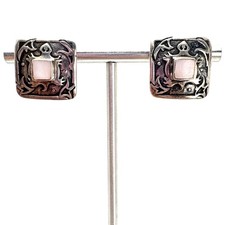 VTG Sterling Silver 925 Stud Earrings Pink Shell Turtle Design Square 2/3" L