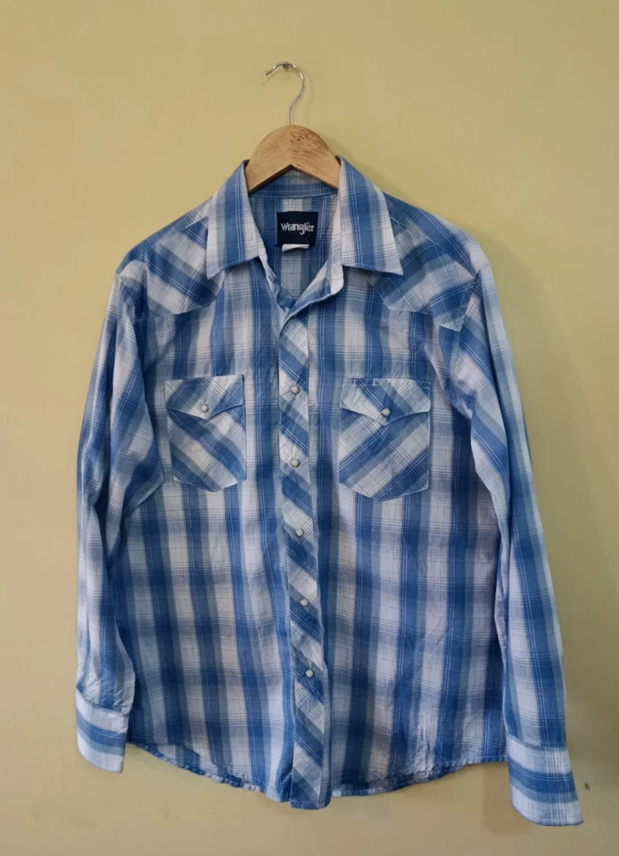 Mens Wrangler Blue/White Checked Western Long Sleeve Shirt - Size L (UK XL) - Image 4 of 4