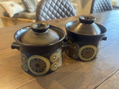 Vintage Denby Arabesque Suppenschüsseln mit Deckel x 2 zwei kleine Auflaufformen