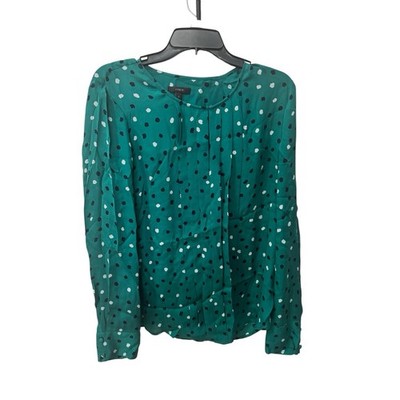 J Crew silk green blouse featuring a polka dot pattern and pleated size 12