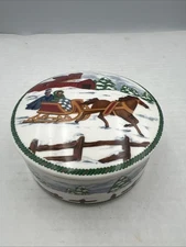 Mikasa  Candy Dish Country Sleigh Trinket Box Porcelain Lid Horse Barn Christmas