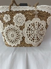 Straw Beach Bag Embroidered With Lace And Pearls 17x10 Brand New
