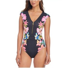 Bleu Rod Beattie Swimsuit Floral Cap Sleeve One Piece Size 10 Black Multicolor