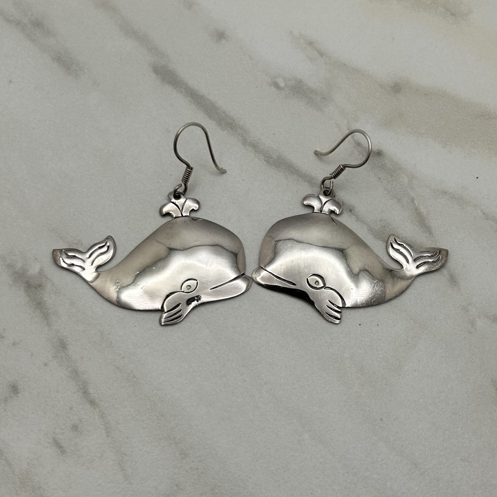Vintage Taxco Mexico Sterling Silver Whimsical Whale Earrings