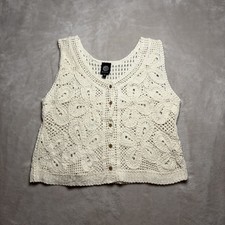 Crochet Button Floral Open Knit Vest Womans M Cream Hippie Boho Festival Cottage