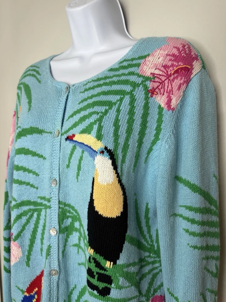 Vintage Tropical Toucan Sweater Womens L Blue Button Up Resort Florida Vacation - Image 3 of 4