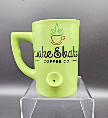 Wake and Bake Coffee Co  Ceramic Mug and Smoking Pipe Green 8oz Open Box