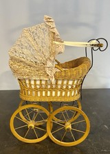 Vintage Large Baby Doll Carriage Buggy Lace Canopy Fabric Liner Wicker Metal