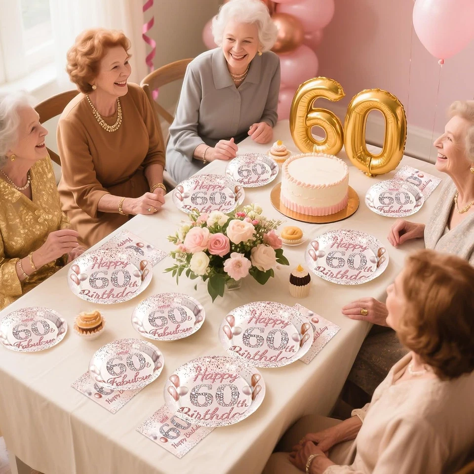 96 Pcs 60Th Birthday Party Supplies for Women Rose Gold 60 Years Old Paper Plate - Image 2 of 4