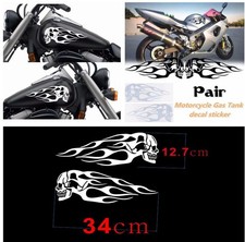 Pair of Motorcycle Skull Flame Stripes Gas Tank Vinyl Sticker Decal Universal
