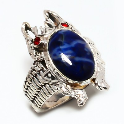Sodalite - Minas Gerais & Garnet 925 Silver Plated Frog Ring s.7 T9
