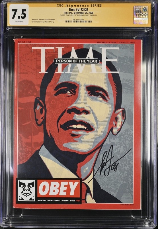 Time Magazine (Dec 29th, 2008) Obama Cover Signed SHEPARD FAIREY CGC SS 7.5