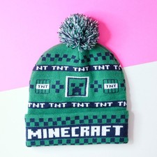 Minecraft Creeper Beanie TNT Green Cuffed Checker Youth Winter Knit Hat with Pom