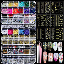 Nail Charms Nail Gems with 15 Sheets Gold Nail Stickers, 6 Boxes of Rhinestones