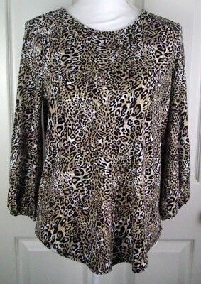 NWT Adrianna Papell Black/Beige Leopard Print Yoke Detail 3/4 Sleeve Top S M & L