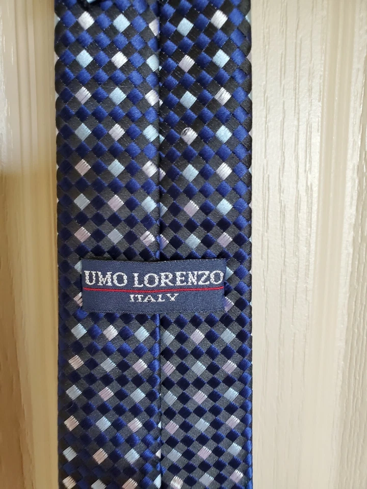 Corbata Umo Lorenzo Hombre Cremallera Púrpura Negro Blanco Cuadros Excelente Estado Foto 4 de 4