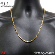 24"Stainless Steel 3mm Gold Plated Classic Franco Box Cuban Curb Link Necklace