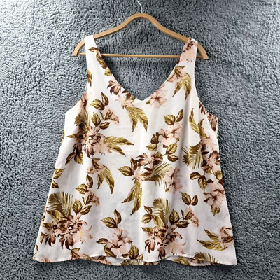 ANKO Womens Tank Top Size 18 Ivory Pink Green Floral Sleeveless V-Neck