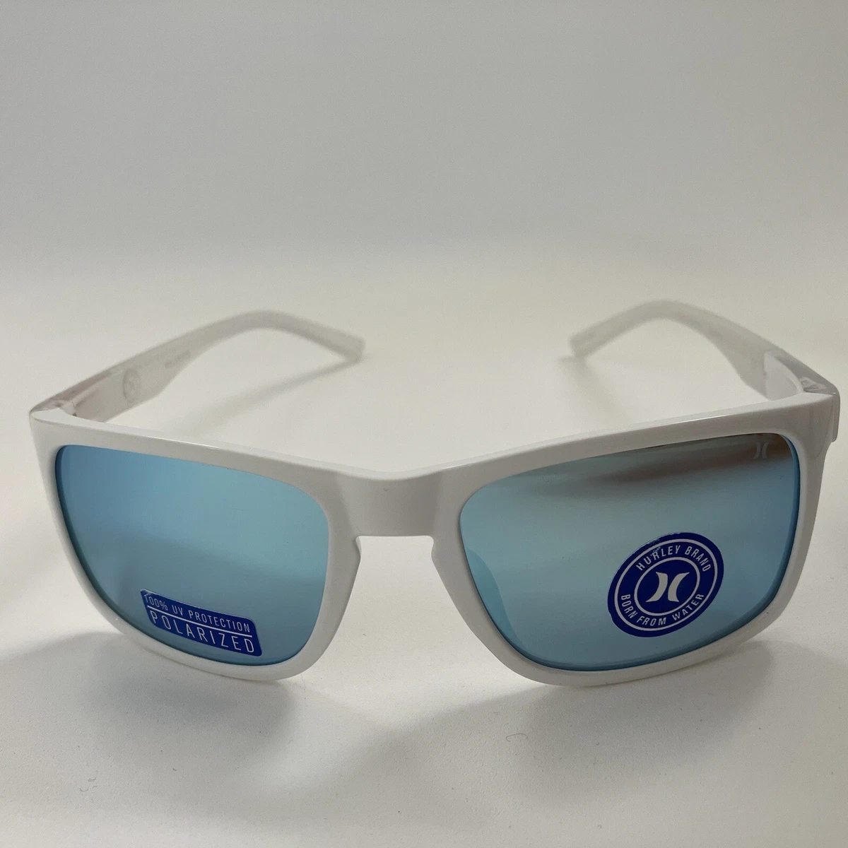 Hurley Men Polarized Sunglasses White Frame Blue Mirror Lens Size 56 Quiver
