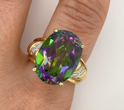 OVAL MYSTIC TOPAZ DIAMOND RING 14K YELLOW GOLD SIZE