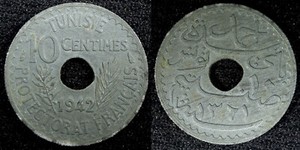 TUNISIA  Zinc 1942 10 Centimes WWII Issue ch.XF KM# 267 (23 005)
