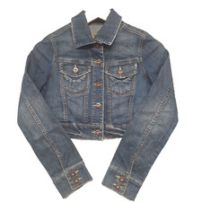 Papaya Women Sz S Distressed Long Sleeve Blue Denim Jean Jacket Cropped Y2K