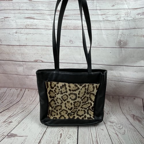 Falor Le Borse Black/Leopard Print Leather Tote Made in Italy Velvet Interior - Picture 3 of 9