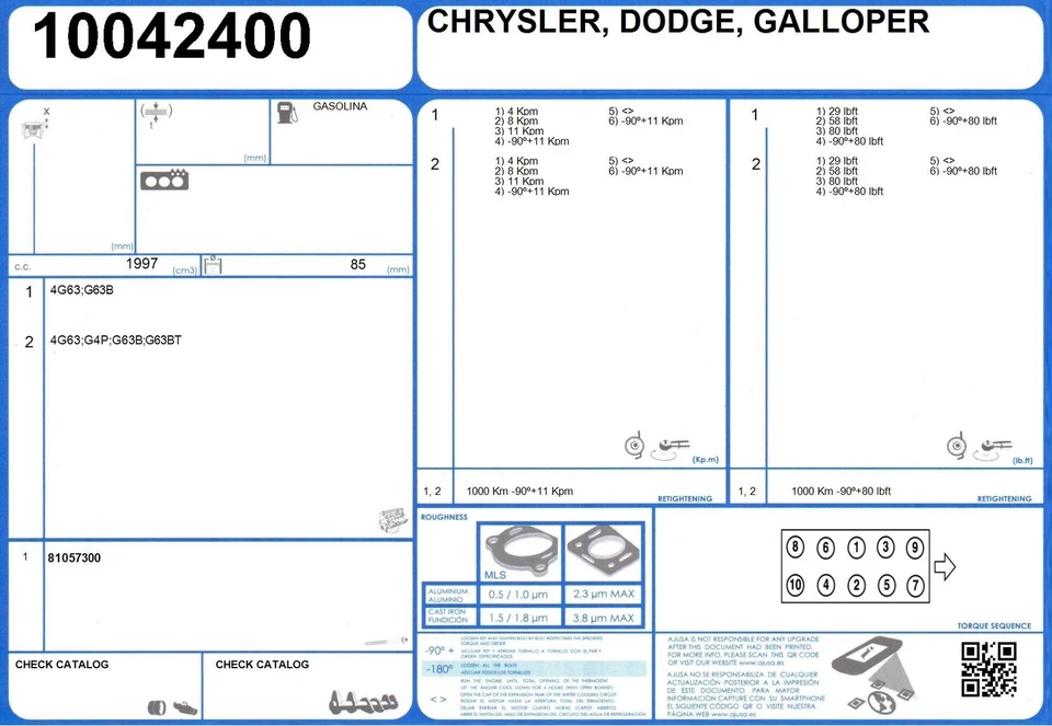 Juego de juntas de culata MITSUBISHI SAPPORO 2.0 100 G63B (1980-1988) - Imagen 2 de 2
