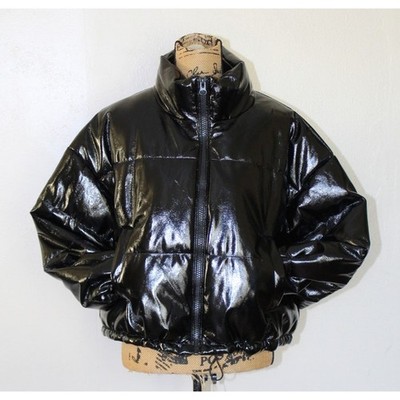 H&M Divided Black Faux Patent Leather Cropped Puffer Jacket Women s L