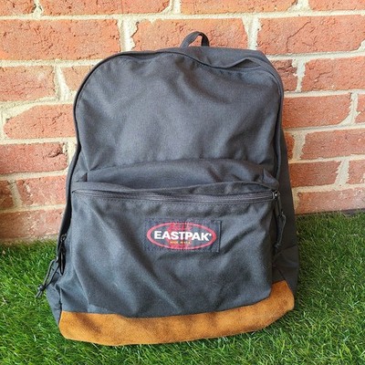 Vintage Eastpak Backpack USA Made Black Brown Suede Leather Bottom Padded Straps