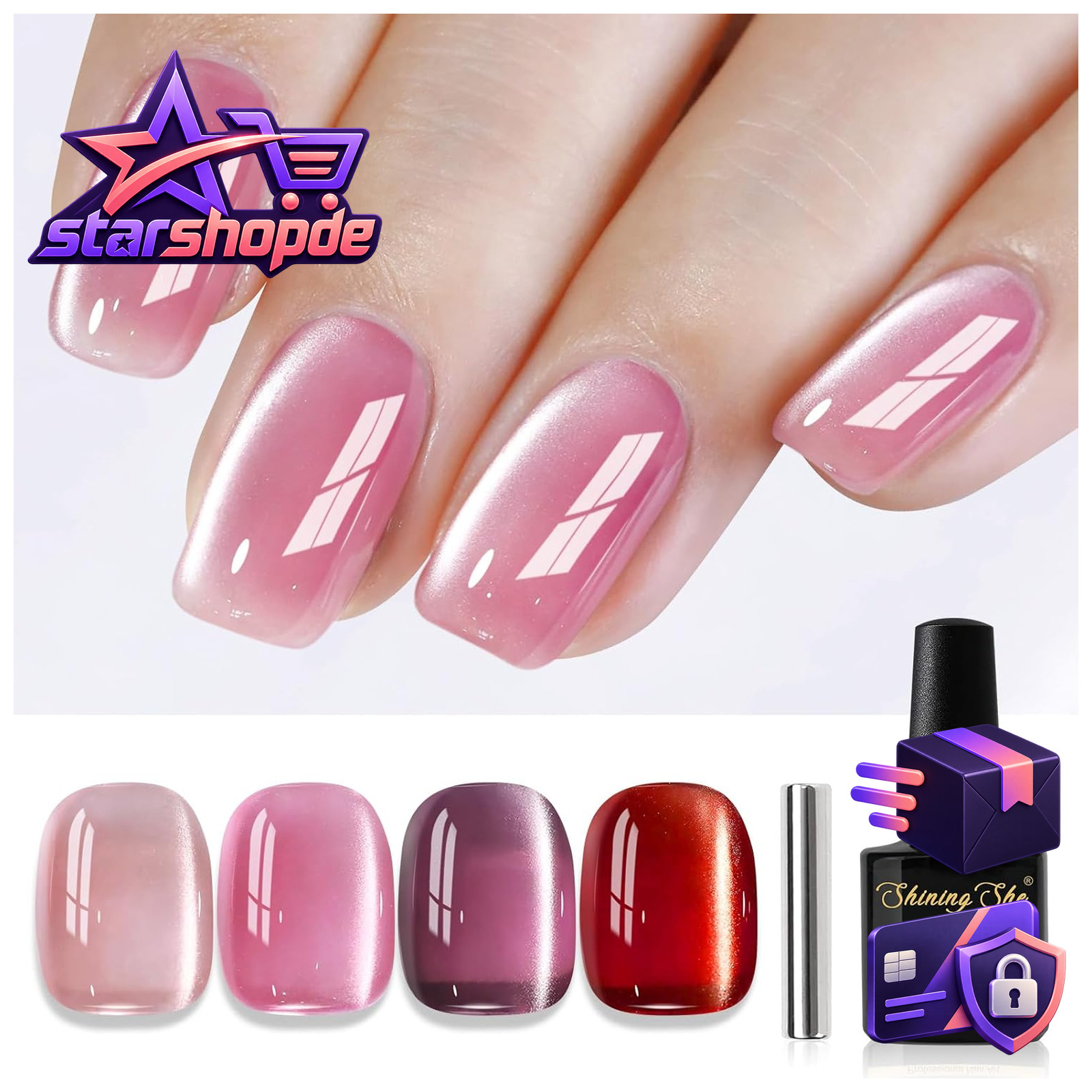UV Nagellack Set 4 Farben Rosa Lila Rot Jelly Magnet CatEye Nageldesign 0,032 L