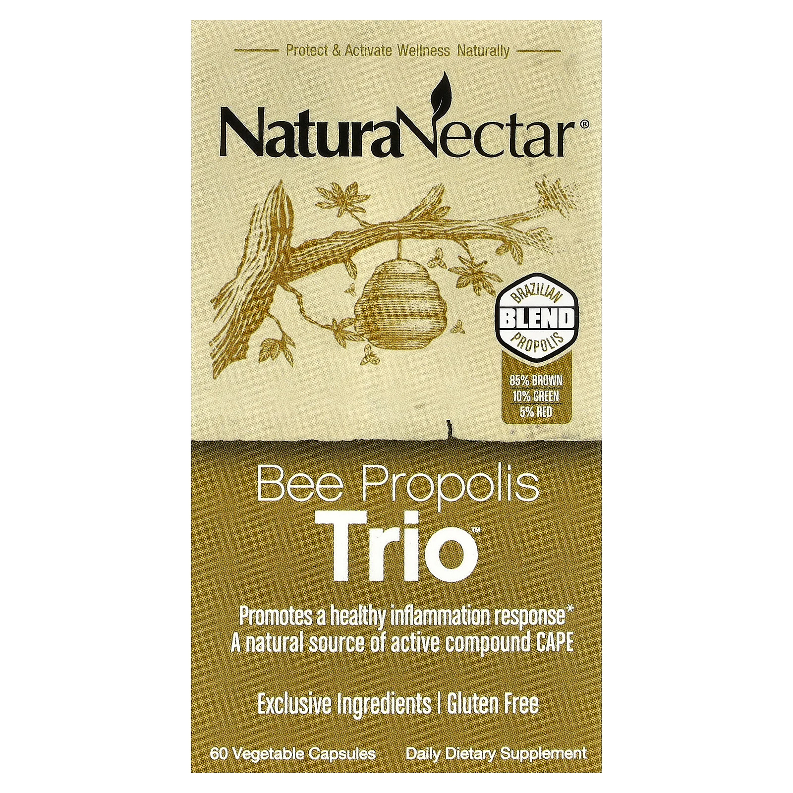 NaturaNectar Bee Propolis Trio 60 вегетарианских капсул без спирта, полностью натуральное