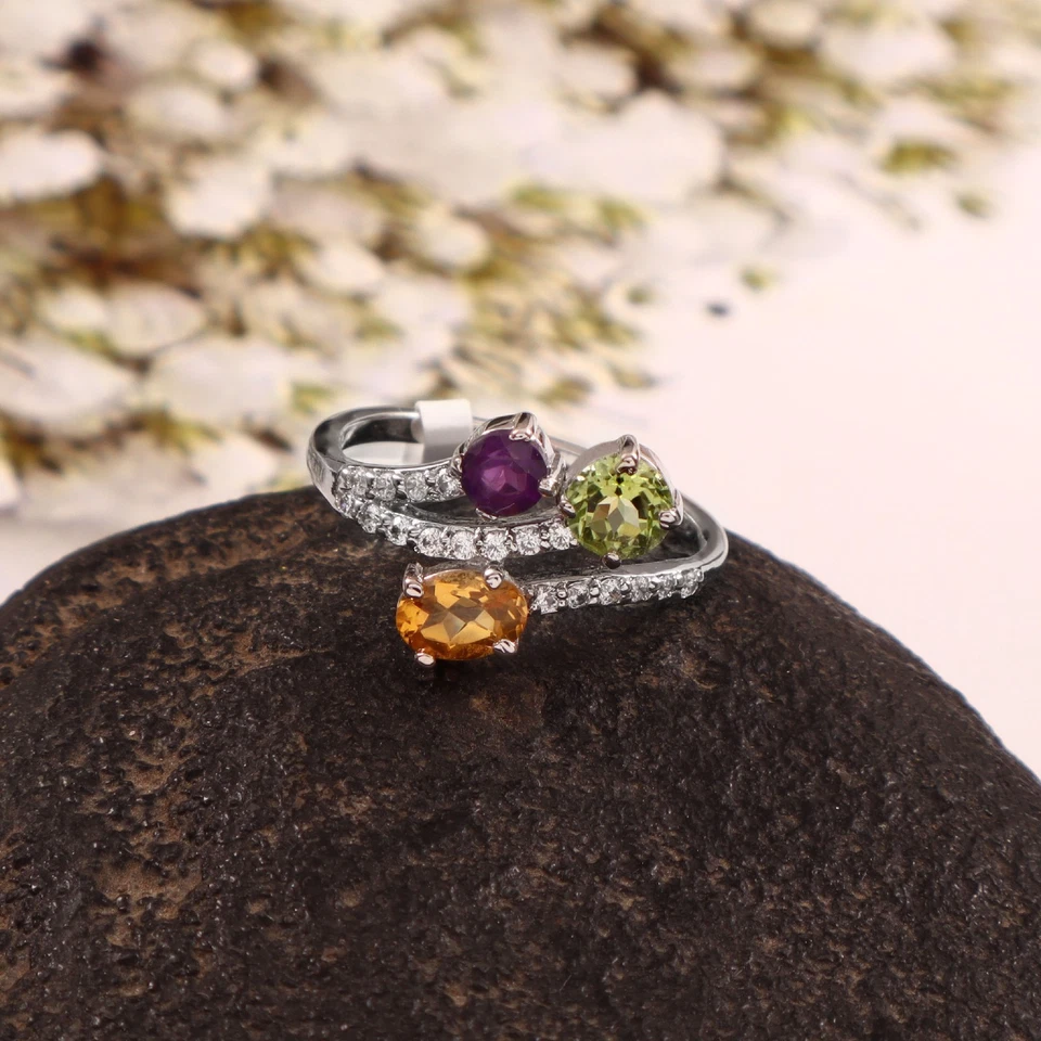 Cluster Multi Gemstone Sterling Silver Ring Amethyst Citrine Peridot Blue Topaz - Image 2 of 4