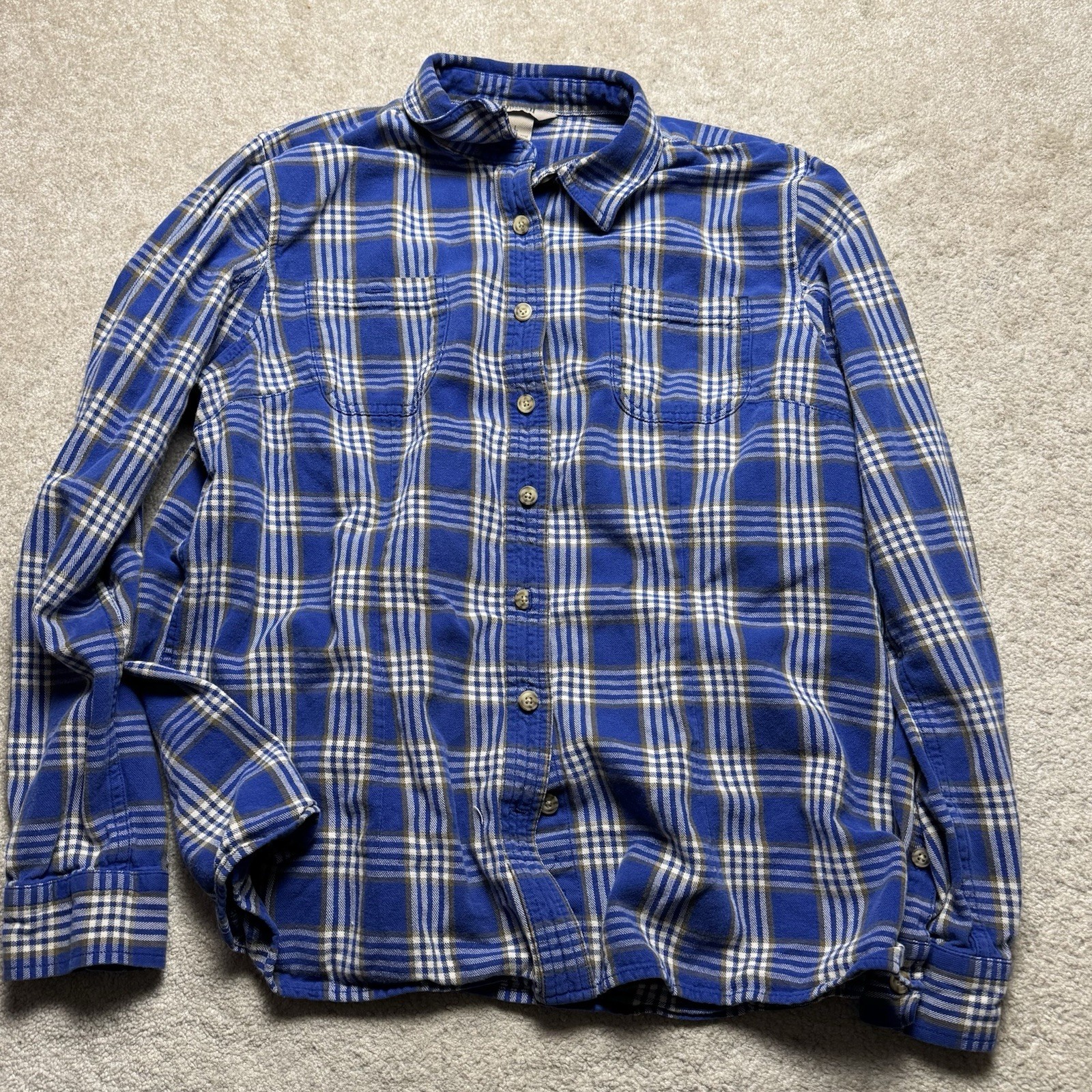 Duluth Trading Co Plaid Flannel Button Up Shirt Womens Large Blue