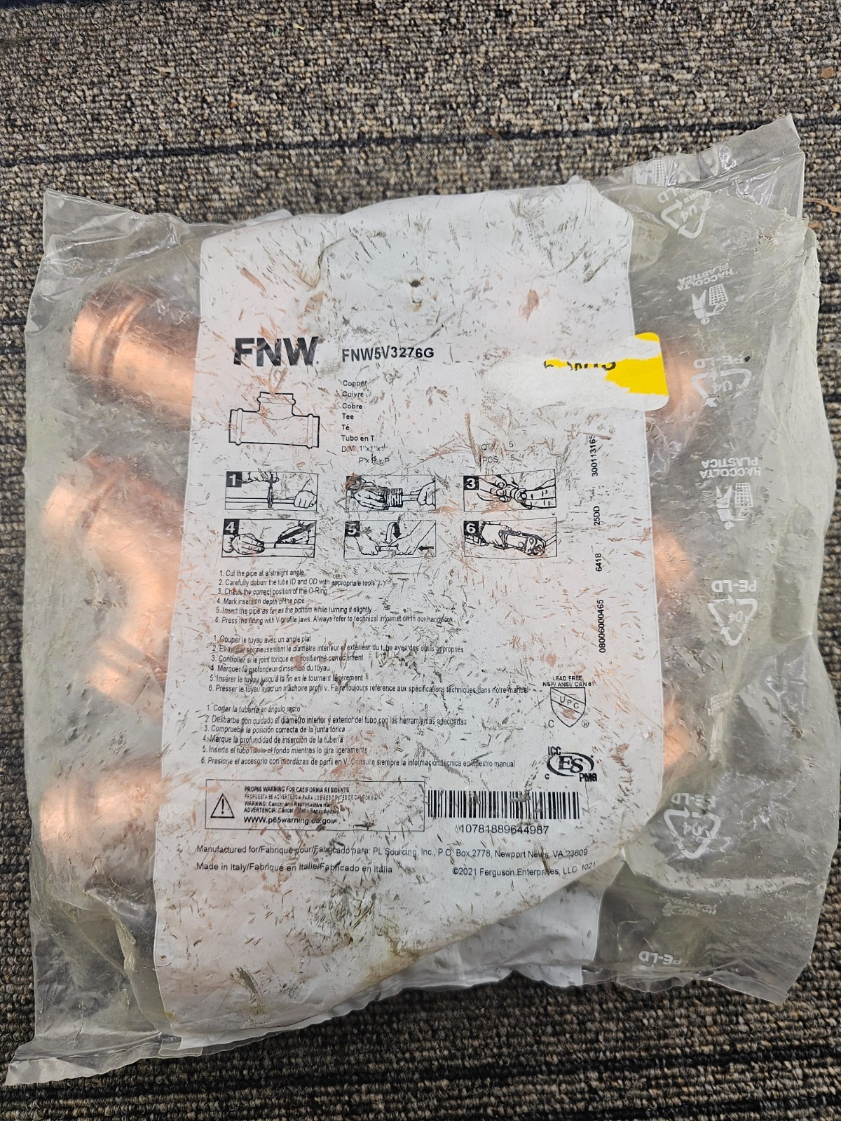 (QTY 5) FNW FNW5V3276G Lead Free 1 in. x 1 in. x 1 in. Press Copper Tee