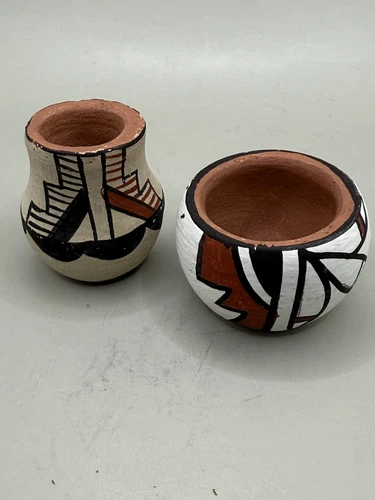 2 Pieces JEMEZ PUEBLO Miniature 1" Signed C.C.  Vtg 1 Olla Vase & 1 Mini Pot