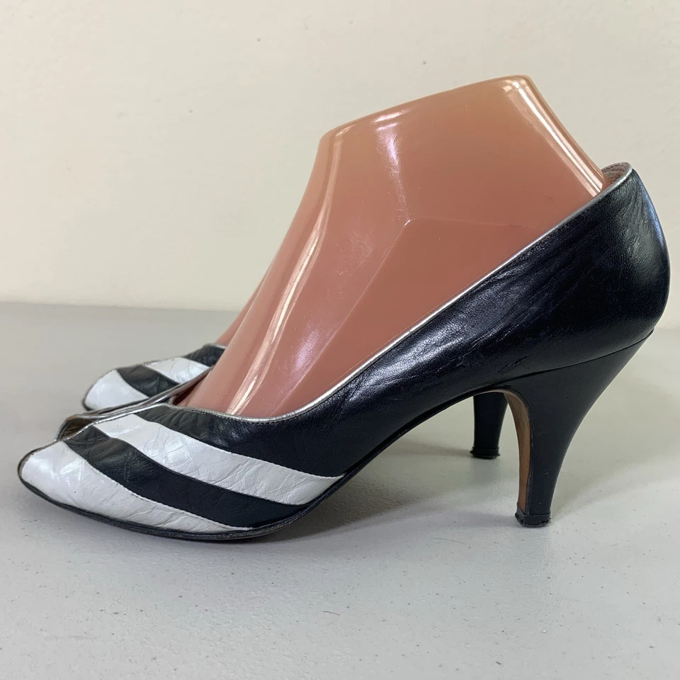 Tacones vintage Sergio Rossi peep toe 8,5 azul blanco rayas cuero hechos en Italia Foto 2 de 4