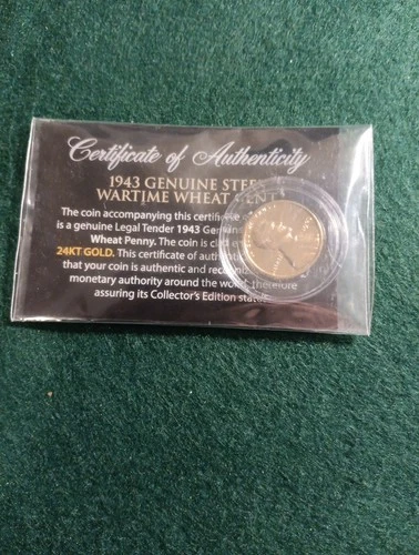 1943 Genuine Steel WWII Lincoln Wheat Penny 24K Gold Plated