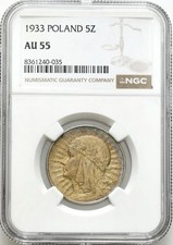 1933 Poland 5 Zlotych &ndash; Queen Jadwiga &ndash; Silver &ndash; NGC AU55 Polish Coin Silver
