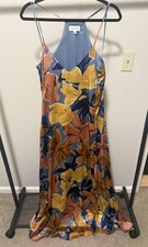 Tahari Arthur S. Levine Floral Satin Maxi Dress V-Neck Strappy Blue M
