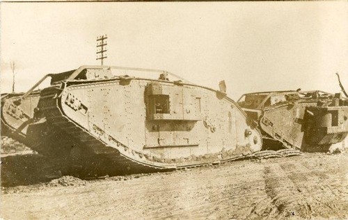 REAL PHOTOGRAPHIC WW1 POSTCARD OF BRITISH TANKS