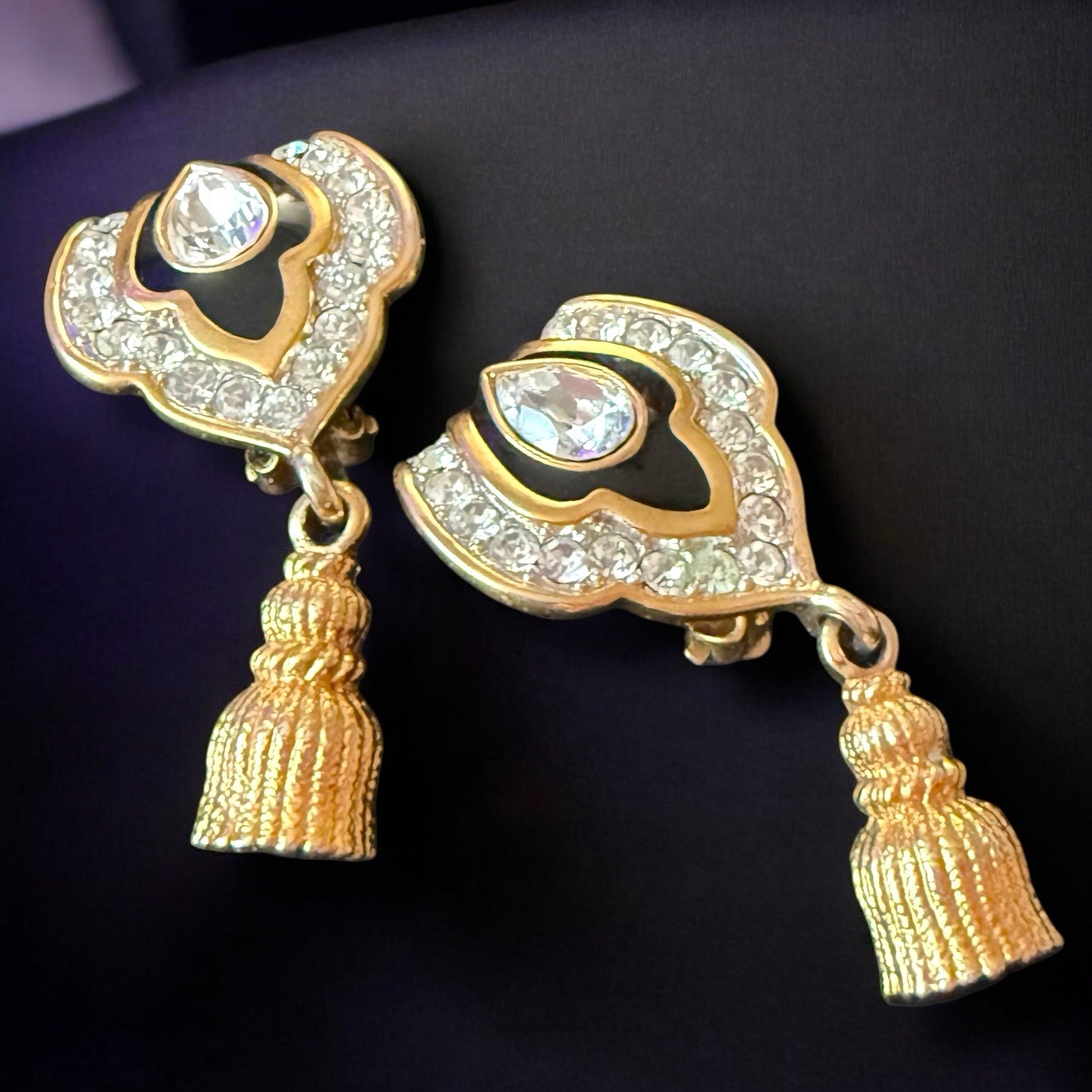 Large Clip On Earrings Rhinestone Tassel Dangle Gold Tone Black Enamel Vintage